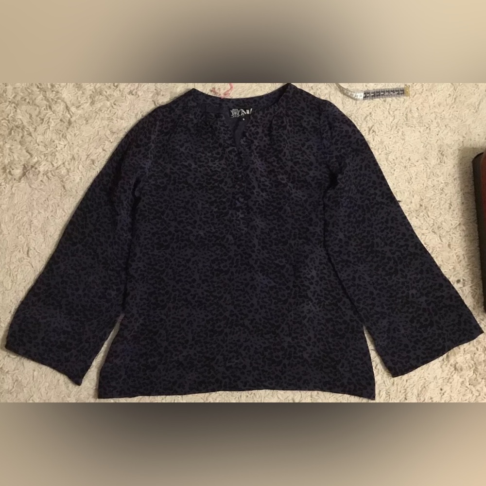 ANLO blue black silk leopard print long sleeve shirt top blouse Small S 4